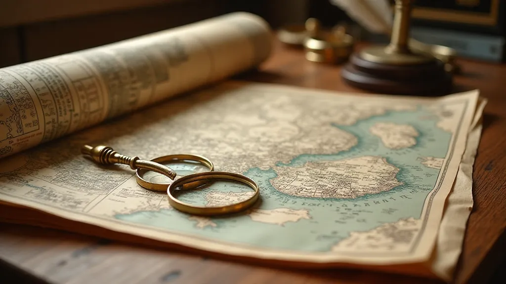 Antique map still life with quill and magnifying glass