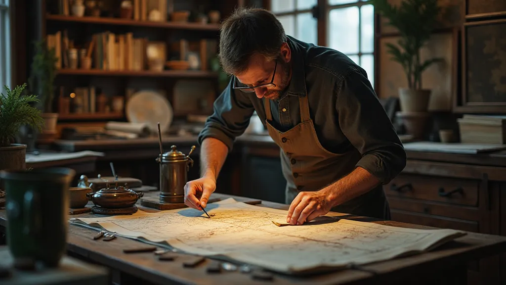 Map restorer working in a vintage workshop
