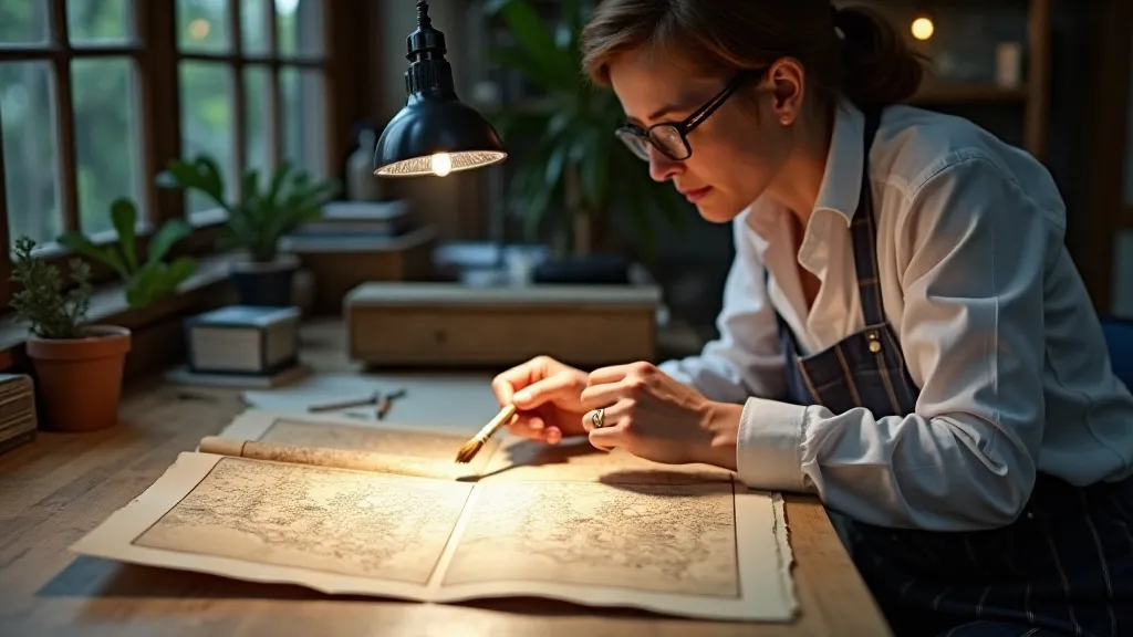 Conservator examining an antique map