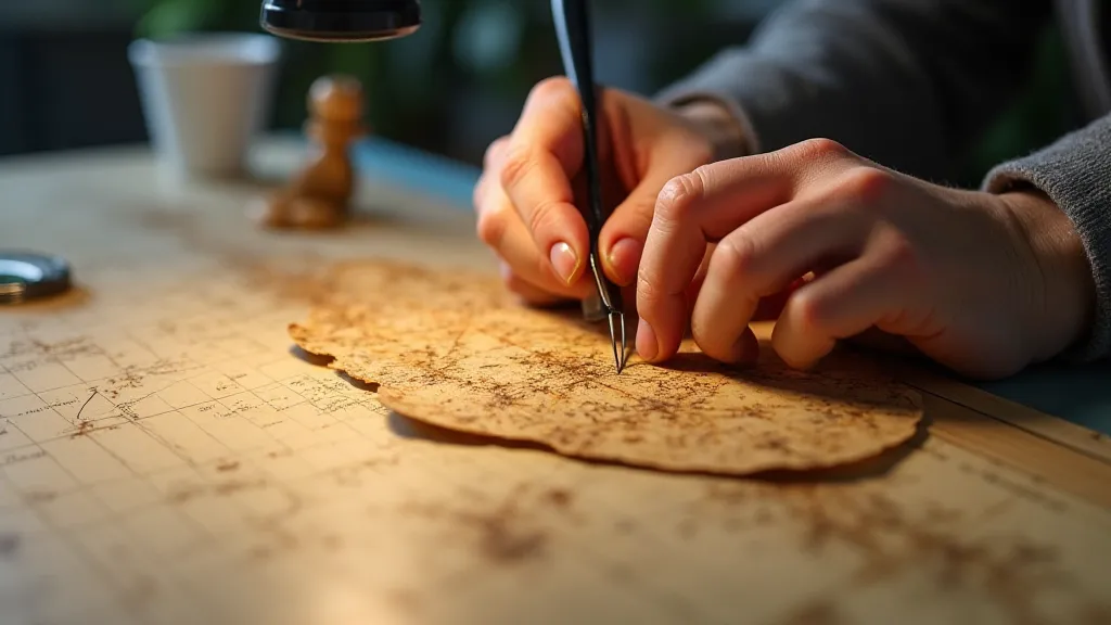 Conservator examining a torn antique map.