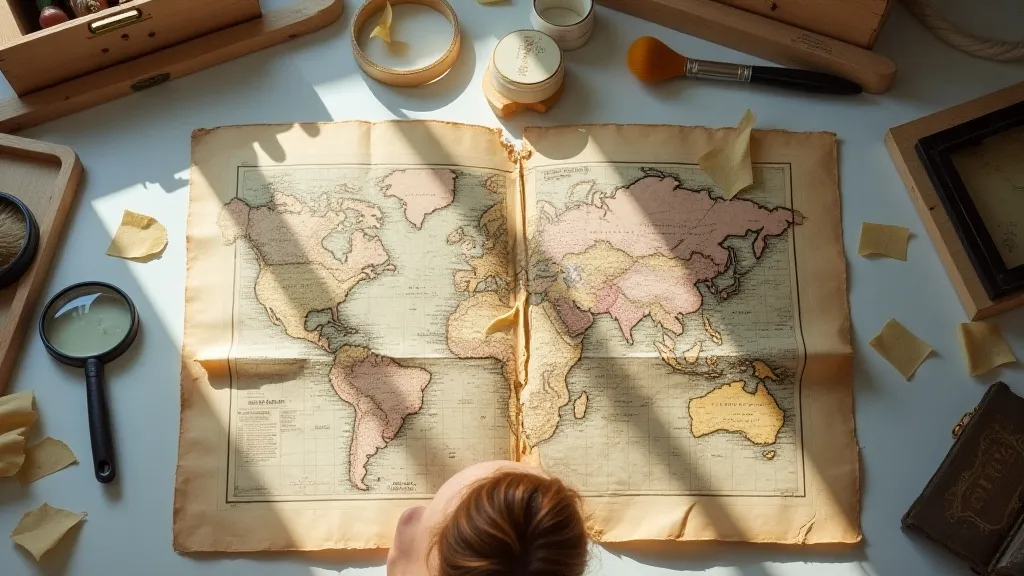 Conservator's workspace showing paper repair tools and a map