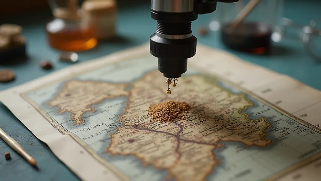 Conservator's workspace with microscope analyzing map ink