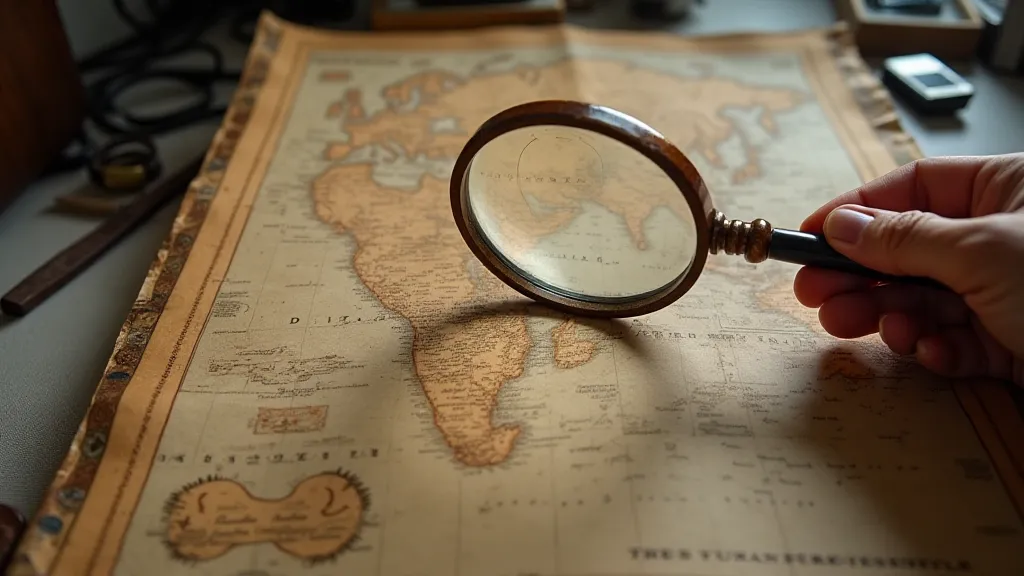 Antique map examined under a magnifying glass
