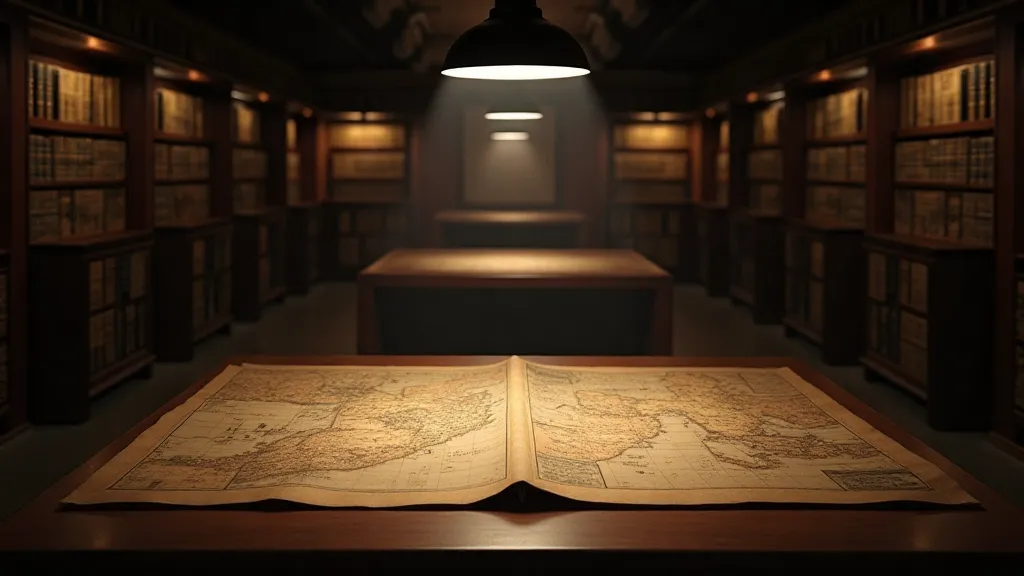 An antique map displayed in a museum archive.