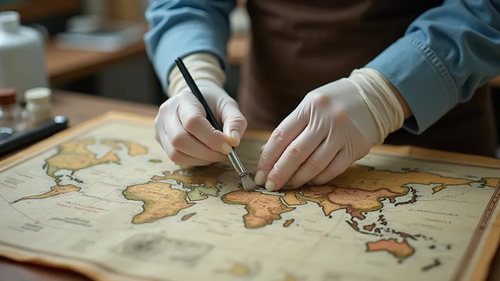 Restoration specialist working on a map.