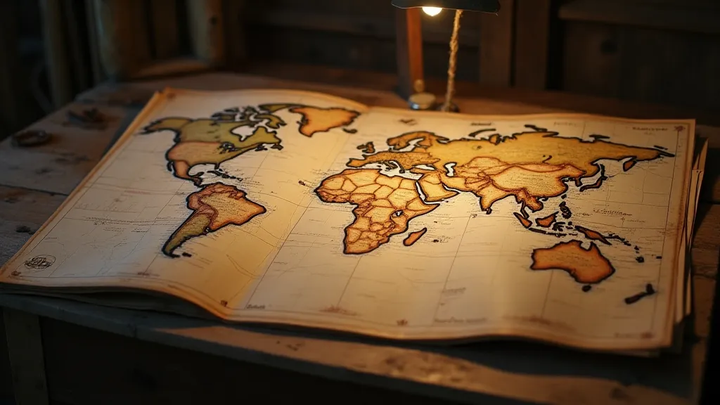 Partially restored antique world map on a workbench.